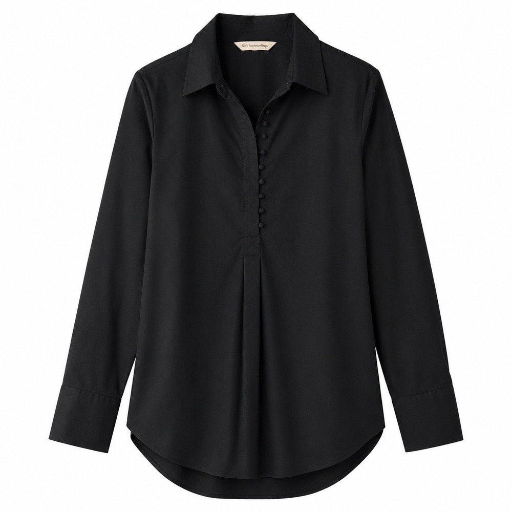 Soft Surroundings Womens Black Poplin Button Front Tunic Blouse Small 2CM63
